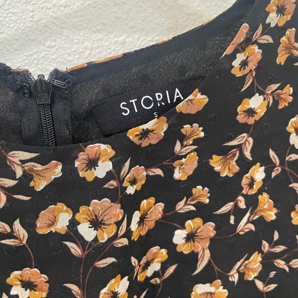 Storia Black Rouched Floral Mini Dress Long Sleeve Ruffles Size Small - Picture 4 of 8